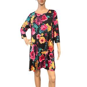 HerShe Black 3/4 Sleeve Floral Mini A-Line Swing Dress Sz L
